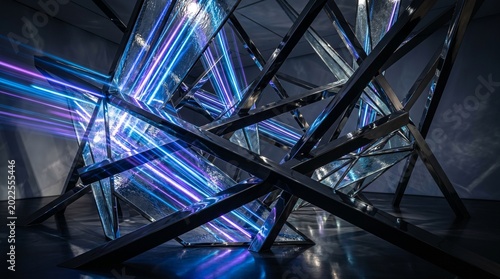 Abstract Geometric Structure with Vibrant Blue and Purple Light Streaks