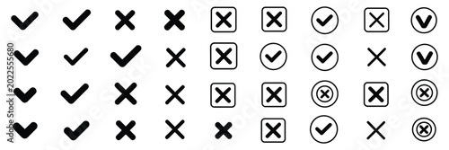 Foto Check tick mark icon set, hand drawn cross box x check mark checkbox v, sketch m