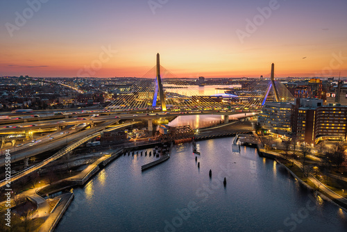Obraz na płótnie Zakim Bridge over Boston waterfront at sunrise twilight