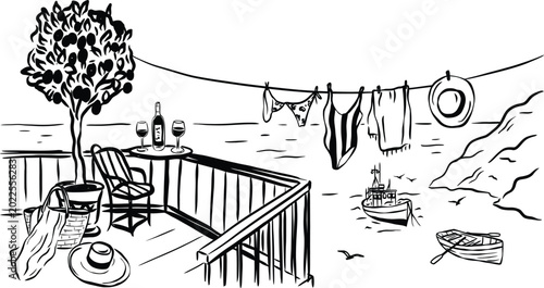 Bild auf Leinwand Vector illustration of a peaceful seaside balcony scene overlooking the ocean, f