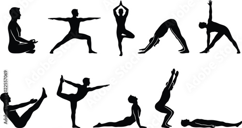 Obraz na płótnie Male yoga poses silhouettes collection featuring ten different man figures practicing fitness exercises, stretching, meditation, and healthy lifestyle habits