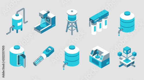 Quadro em tela Set of isometric icons representing industrial water treatment and purification equipment