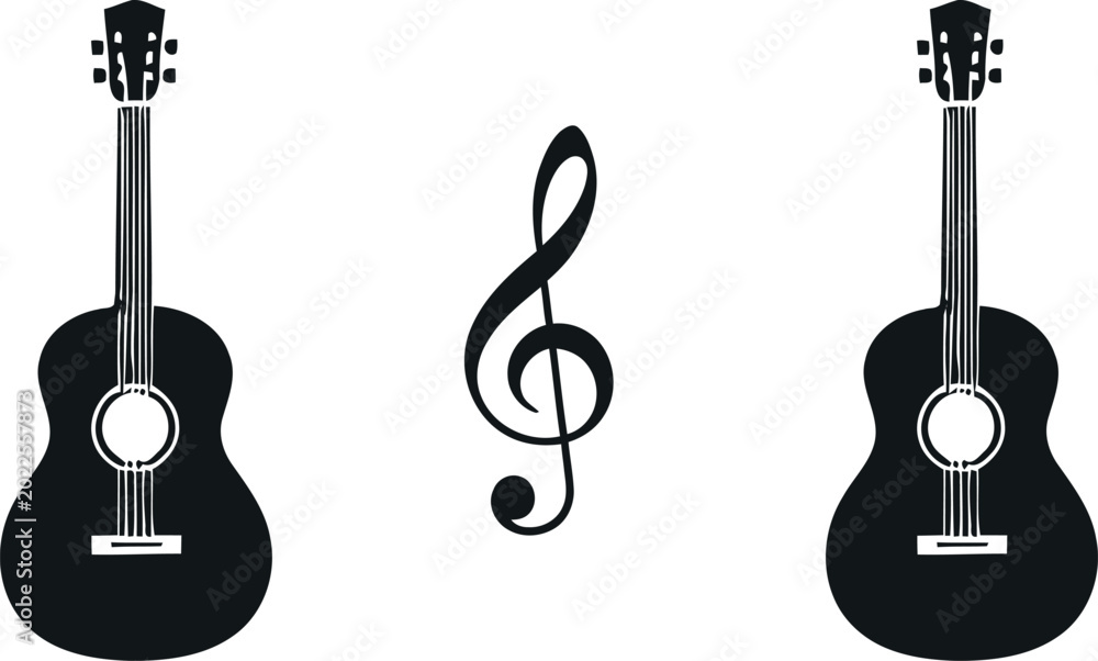 Naklejka premium Black guitar and musical note illustrations on white background