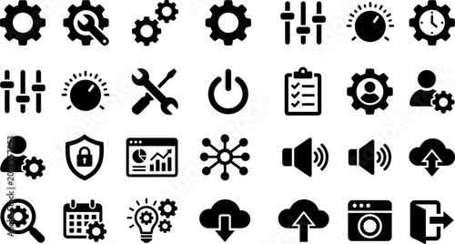Foto Professional settings and configuration glyph icon set featuring gears tools sliders and system control symbols for software interfaces and mobile application dashboards