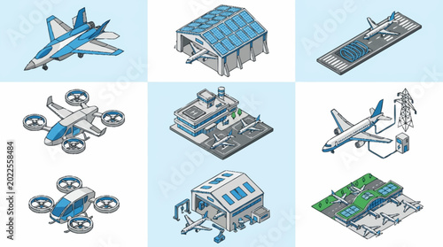 Fotografija Collection of isometric icons representing aviation and air transport, including jets, drones, hangars, and airport scenes