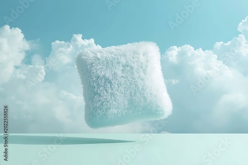 Soft white pillow floating magically in a bright blue sky filled with fluffy clouds floating ethereal peaceful imagination daydream whimsical hypnotic tranquil background minimalist