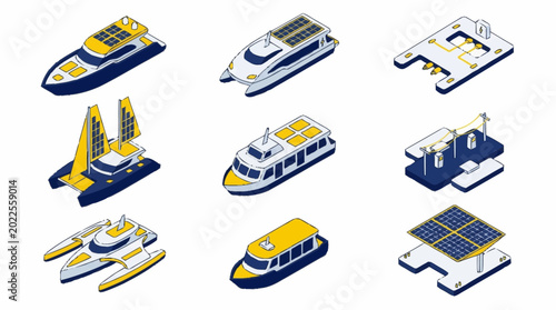 Vászonkép Collection of isometric solar-powered boats and ferries, showcasing eco-friendly water transportation options