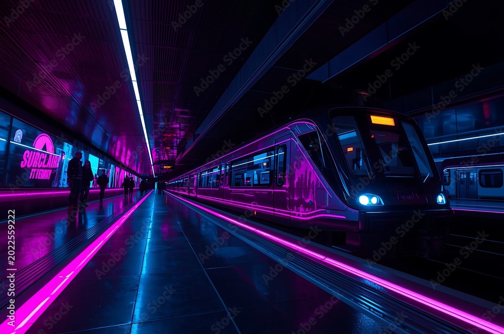 Fototapeta premium Neon lit subway train arriving at a futuristic station platform with pink and blue lights futuristic underground transport architecture platform electric illumination technology silhouette