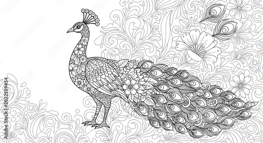 Fototapeta premium Intricate grayscale illustration of a peacock, featuring ornamental floral and swirling elements