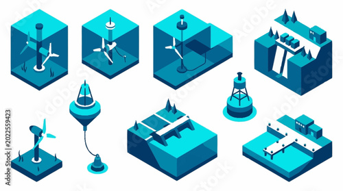 Foto Set of isometric illustrations depicting various renewable energy sources and infrastructure, including wind turbines, hydroelectric dams, and offshore platforms
