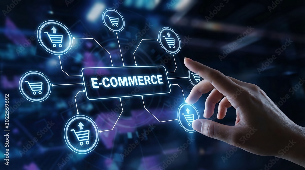 Fototapeta premium Digital e-commerce network with shopping carts and arrows connecting to central hub businessman interacting with interface