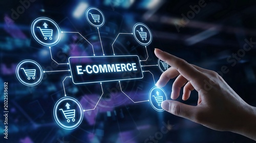 Digital e-commerce network with shopping carts and arrows connecting to central hub businessman interacting with interface