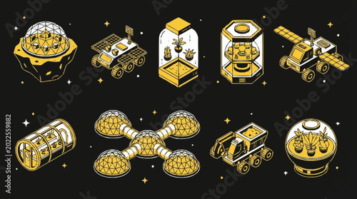 Foto Set of isometric illustrations depicting futuristic space exploration and colonization elements, including rovers, habitats, and biodomes