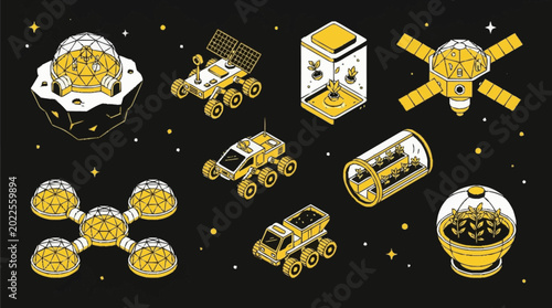 Bild auf Leinwand Set of isometric illustrations depicting space exploration and colonization elements, including rovers, habitats, and satellites