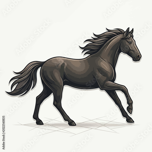 Foto A dark brown horse runs quickly on a plain surface with its mane flowing