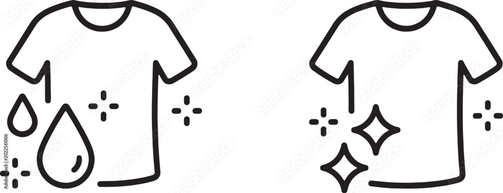 Fototapeta premium Art & Illustration, Clean t-shirt with sparkling stars and water droplets outline vector icons for fresh laundry.