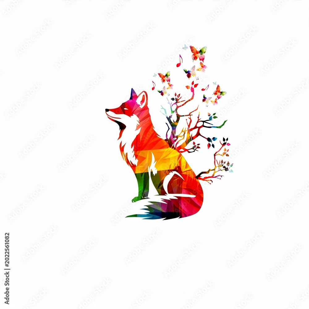 Fototapeta premium Colorful Fox with Musical Notes and Butterflies. Surreal Nature Art