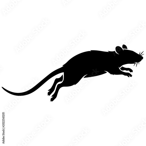 Canvas Print Black silhouette of a rat jumping in mid-air against white background