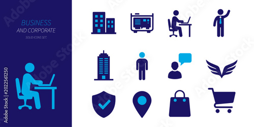 Business and Corporate Solid Icons Set Collection. company building, communication, office worker, shopping cart, location pin, security shield