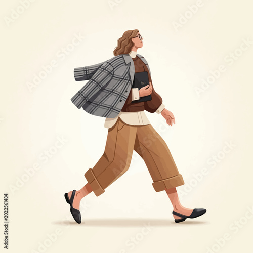 Slika na platnu A woman walks quickly while holding a book and wearing a plaid jacket