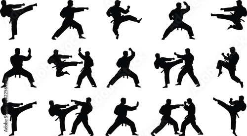 Foto Martial arts karate silhouettes set with fighters performing high kicks, punches, combat stances, and sparring actions for sports graphics