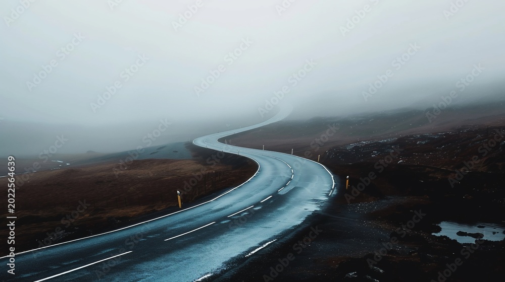Fototapeta premium Winding asphalt road disappearing into dense fog and overcast sky over a barren landscape