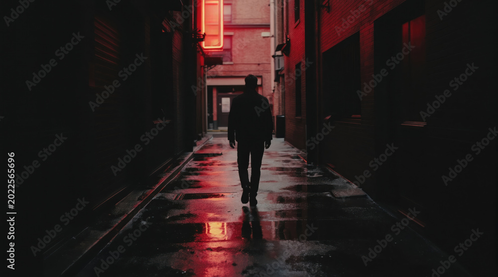 Obraz premium Man walks alone down wet city alley at night. Red neon light reflects on pavement. Dark, moody atmosphere, cinematic noir feel. Mystery and suspense.
