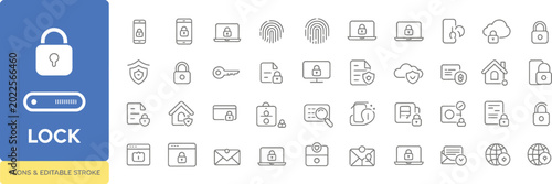 Lock, web icon set in line style featuring security safe document unlock and protection symbols, vector illustration collection.