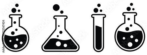 Photos chemical flask vector icon collection, science laboratory symbols set with erlenmeyer flask, beaker, and test tube icons for chemistry education, medical research, and scientific experiment themes