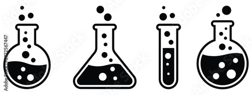Tableau sur toile chemical flask vector icon collection, science laboratory symbols set with erlenmeyer flask, beaker, and test tube icons for chemistry education, medical research, and scientific experiment themes
