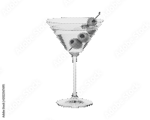 Sticker Retro halftone cocktail glass with olive skewer isolated on white background, vi