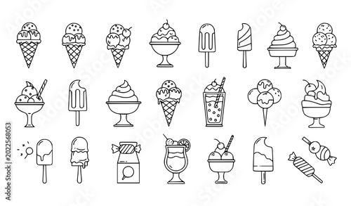 Konstfotografi Sweet dessert outline vector icon set ice cream and frozen treat symbols