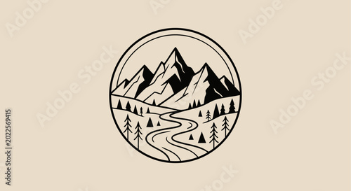 Mountain landscape illustration within a circular frame, black and white