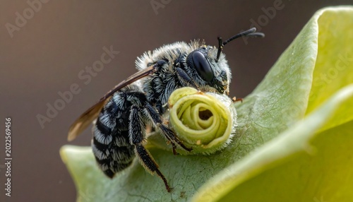 Close-up macro of leafcutter bee carrying rolled leaf segment