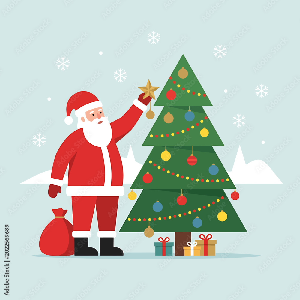 Fototapeta premium Santa Claus decorating a Christmas tree with ornaments and a star on top, with gifts at the base and a sack of presents nearby, set against a snowy winter landscape.