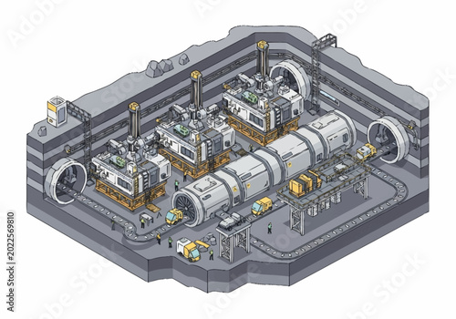 Foto Cross-section illustration of a futuristic underground tunnel boring machine and construction site with multiple machines working simultaneously