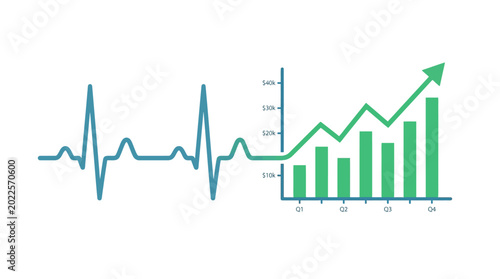 Vector illustration of a heartbeat line transitioning into a rising financial bar chart with quarterly growth indicators on a white background