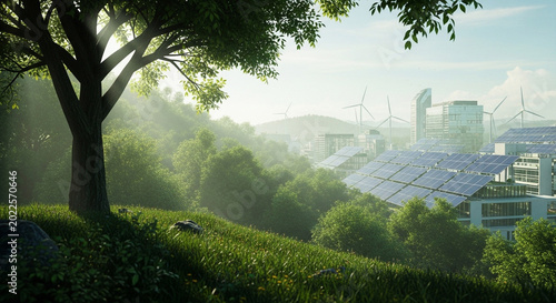 Futuristic Green City with Solar Panels Wind Turbines and Lush Forest Landscape for World Environment Day