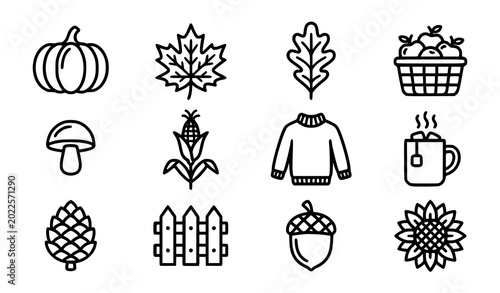 Autumn and fall season icons set with pumpkin, cozy sweater, and harvest elements.