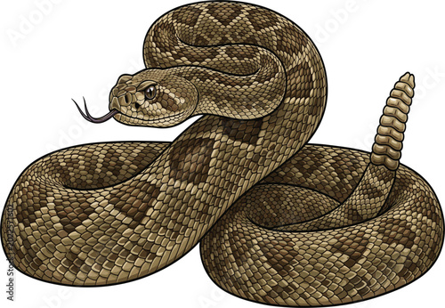 Canvastavla Coiled rattlesnake vector illustration with flicking tongue, rattle tail, diamon