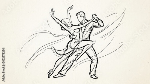A line drawing of a man and woman dancing together in a ballroom style