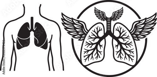 Quadro em tela Stylized black and white of human lungs with wings and bronchial tree also trans