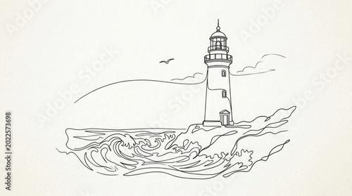 A black and white line drawing of a lighthouse on the ocean