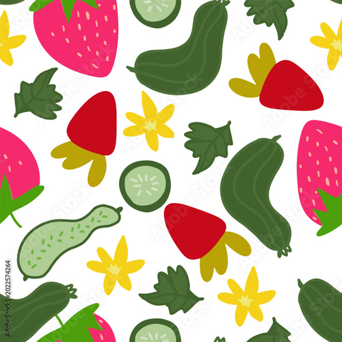 Seamless strawberry and cucumber pattern with flowers and leaves in bright summer colors. Cute food background for textile and packaging design.