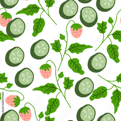 Seamless cucumber and strawberry pattern with leaves and floral elements in fresh green tones. Modern food inspired background design.