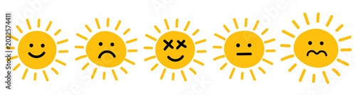 Five yellow hand-drawn suns with different facial expressions, character illustration collection emoticon