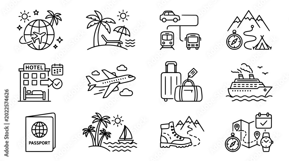 Fototapeta premium Travel agency line icon set tourism vacation vector collection
