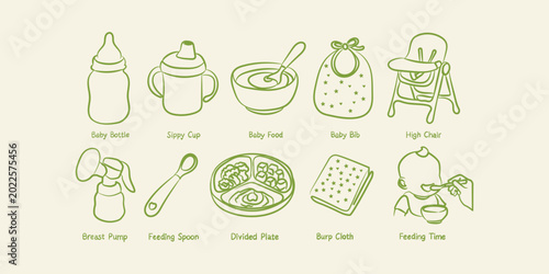 Baby feeding icons naive doodle vector illustration set for infant nutrition and childcare