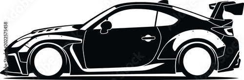 Foto Sleek black silhouette of a modified sports car with wide body kit and rear wing