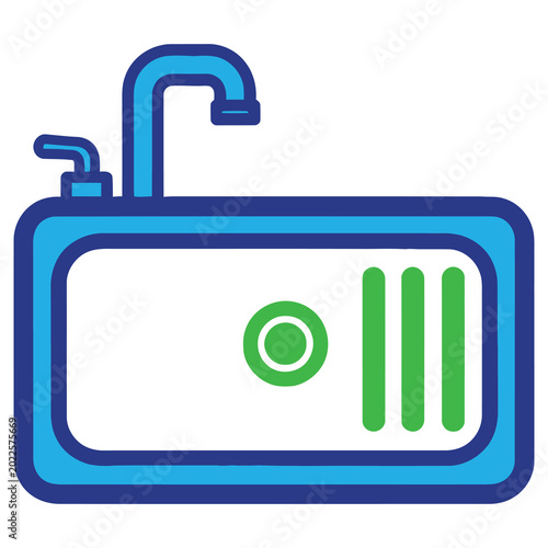 Water heater with green control panel and blue pipes on white background